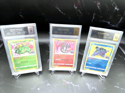 Three PCG-graded Radiant Pokémon GO cards — Venusaur, Charizard and Blastoise