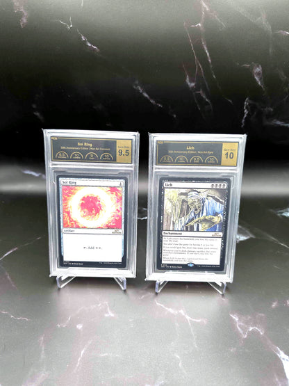 PCG-graded Magic: The Gathering 30th Anniversary Sol Ring and Lich cards
